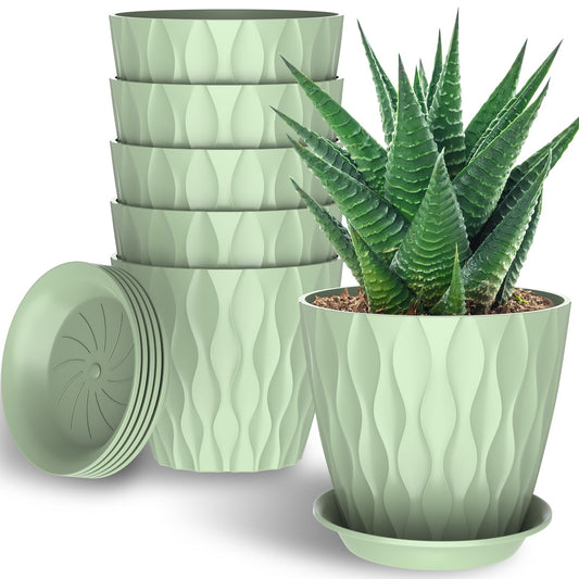 GDJUQZ 6 Pack 7 Inch Indoor Plant Pots with Drainage Holes, Outdoor Plastic Decorative Flower Pots, Garden Planters with Tray Saucers for Orchids, Violets, Succulents, Herbs, and Other Plants