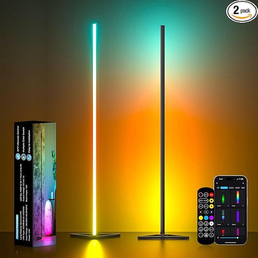 MIHEAL 2PCS Black Corner Floor Lamp, Synced Lights LED Control Floor Lamp RGB Light 56" Smart LED Corner Lamp App and Remote for Living Room Gaming Bedroom and Etc"
