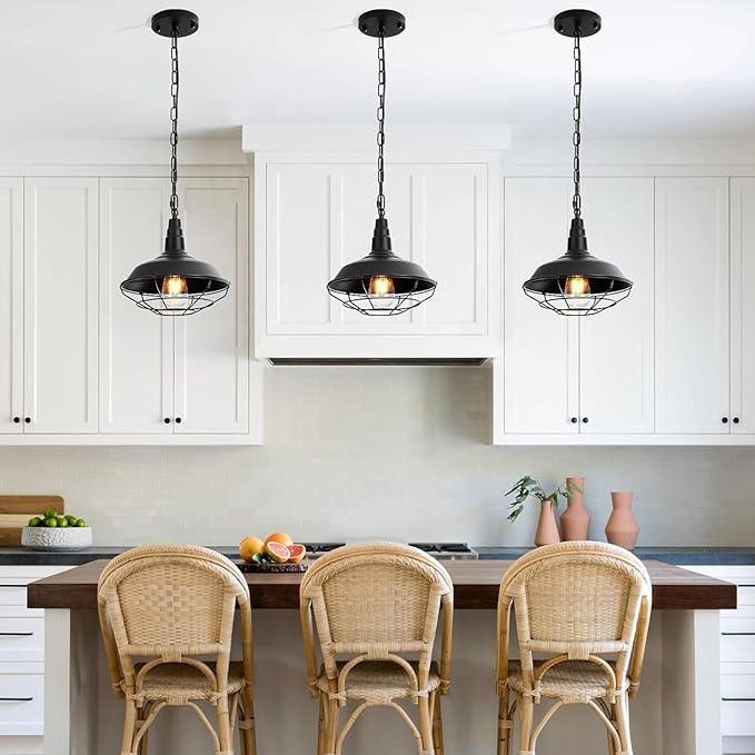 Black Pendant Light Kitchen Island 3 Pack, Farmhouse Pendant Light with Metal Wire Cage, Industrial Hanging Lights for Kitchen Sink Barn Dining Room