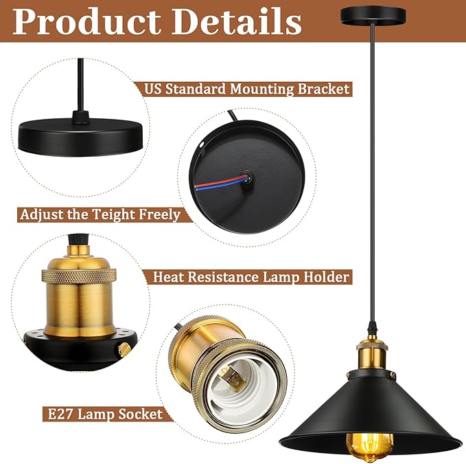 Retisee 6 Pieces Industrial Pendant Lights E26 E27 Base Farmhouse Lampshade for Hanging Light Vintage Metal Shade Fixtures Barn for Kitchen Dining Room Home Bar Foyer(Black)