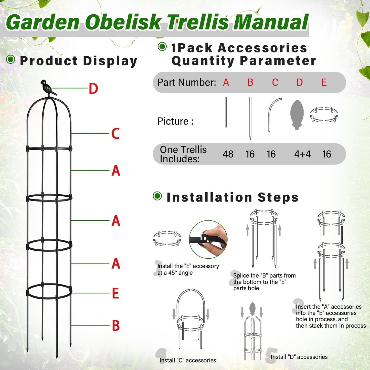 Sadnyy 4 Pack 6 ft Garden Obelisk Trellis for Climbing Plants Outdoor Rustproof Rose Pots Tall Garden Trellis for Outdoor Indoor Vines Flower Plants Support (Black)