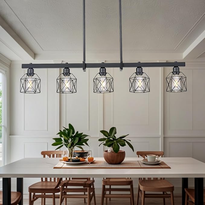 5-Light Modern Farmhouse Island Lighting, Adjustable Height Black Rustic Chandelier with Matte Black Geometric Shade, E26 Base Hanging Light for Dining Room Over Table