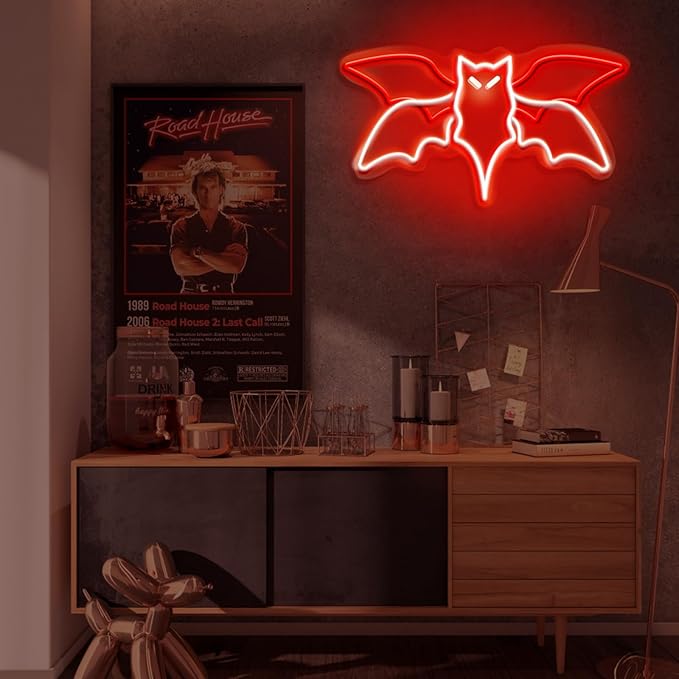 Flying Bat Neon Sign – Halloween LED Wall Light for Gothic Room, Witchcraft Decor, Horror Party, Bedroom & Bar Wall Art, 15" x 7.7"