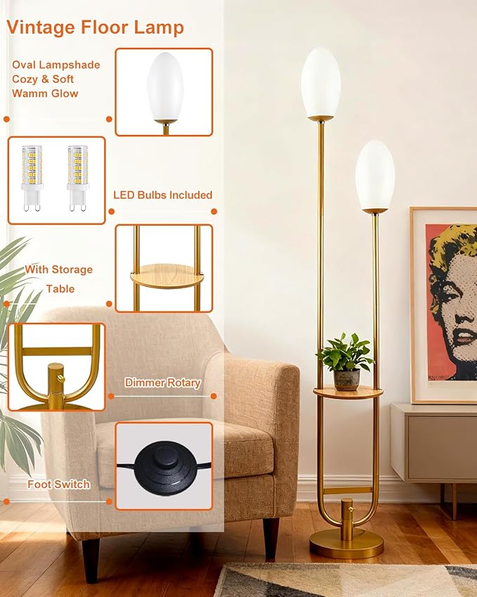 Lightdot Gold Dimmable Floor Lamp with Oval Shades, Unique U-Shaped Tall Standing Lamps with Table& Bulbs Included, Mid Century Modern Floor Lamp for Living Room/Wedding/Party/Sofa Beside/Corner Decor