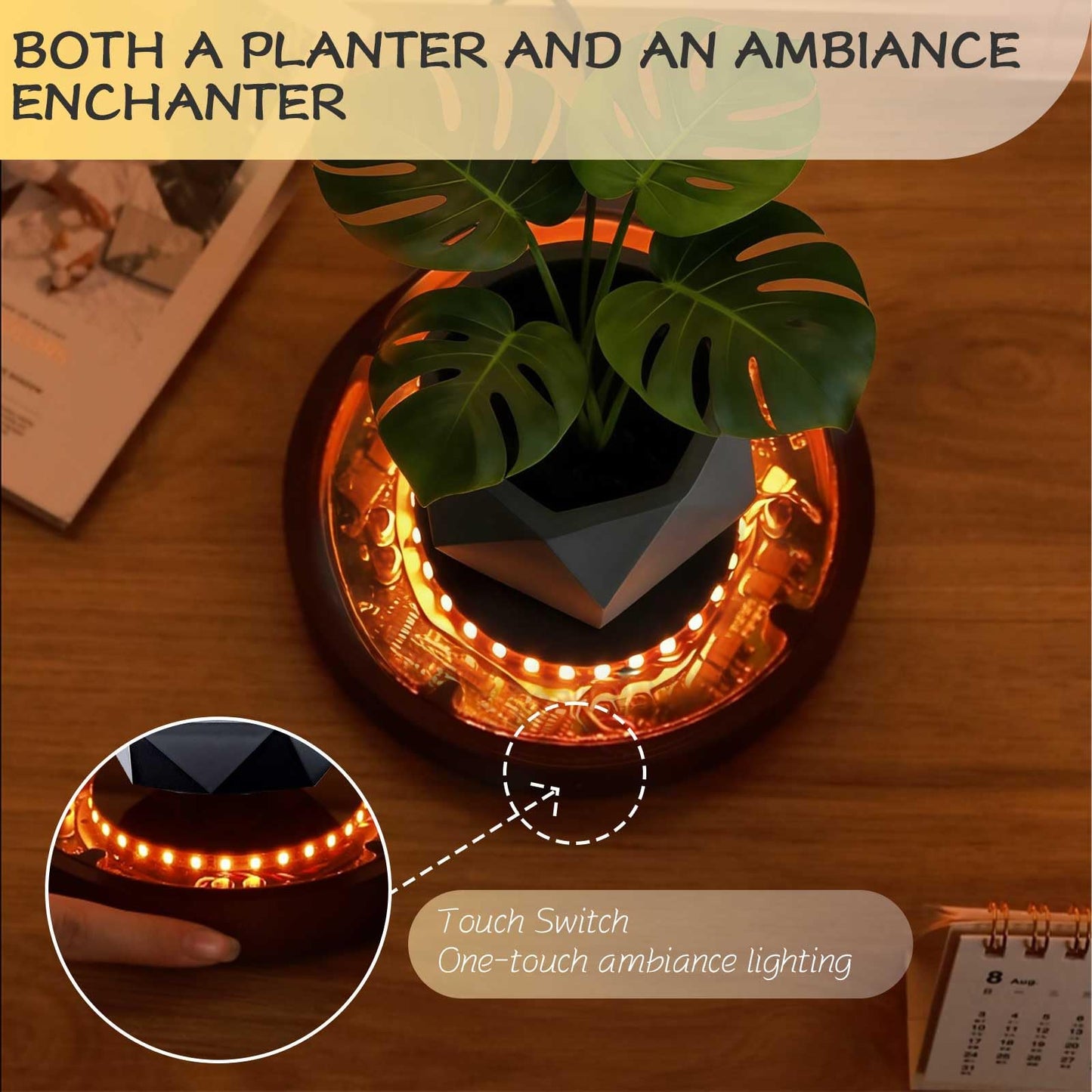 CENTRALEV Magnetic Levitating Plant Pot,Rotating Floating Planter for Succulents Air Plants,Unique Desk Decor with LED Light for Home Office, for Christmas, Valentine‘s Day, Mother’s Day