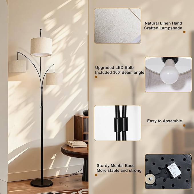Dimmable Arc Floor Lamp, Black Pole Standing Lamp with Linen Shade and Heavy Base, Remote Control with Stpeless Color Temperatures and Brightness for Bedroom, Office