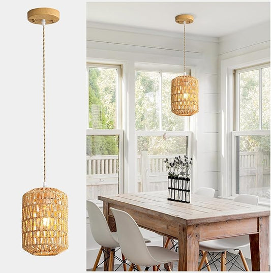 1-Light Rattan Pendant Light, Boho Light Fixture for Dining Room, Small Wicker Light Fixture, Rattan Chandelier Woven Hanging Light, for Kitchen Island Bedroom Hallway, ETL Listed