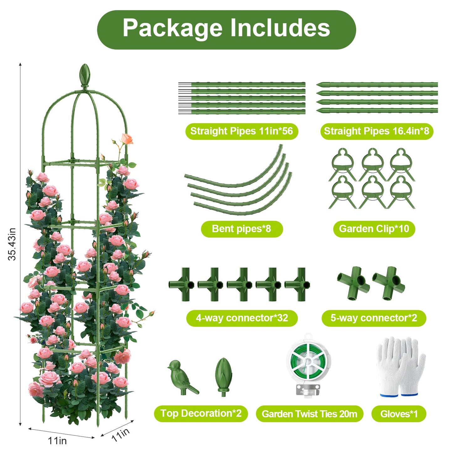 2 Pack Garden Obelisk Trellis, 70IN Tall Plant Support for Climbing Vine, Metal Covered Plastic Rustproof Heavy Duty Rose Trellis Indoor Outdoor (Green, 70 * 11.8 * 11.8IN（H*W*L）)