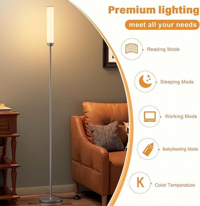Ambimall LED Floor Lamp with Remote Control, 65" Standing lamp with Stepless Adjustable 3000K-6500K Colors & 30-100% Brightness, Foot Switch(Deep Grey)