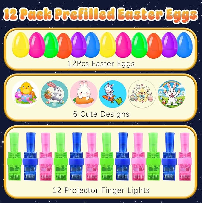 Easter Eggs Fillers, 12Pack Prefilled Easter Eggs with Finger Lights Toys, Easter Basket Stuffers for Kids Teens Boys Girls, Grow in The Dark, Classroom Treasure Box, Party Favors for Egg Hunt