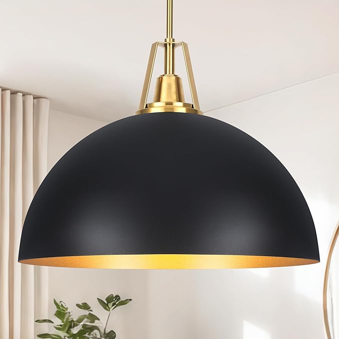 19.69" Large Black Dome Pendant Light Fixtures, Black and Gold Dome Pendant Lights for Kitchen Island, Farmhouse Chandeliers for Dining Room, Living Room, Bedroom, Entryway, Foyer