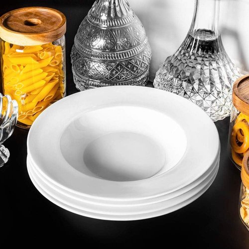 Artena Pasta Bowls Set of 4 - Elegant White Porcelain Wide Rim Soup & Salad Bowls | Microwave & Dishwasher Safe