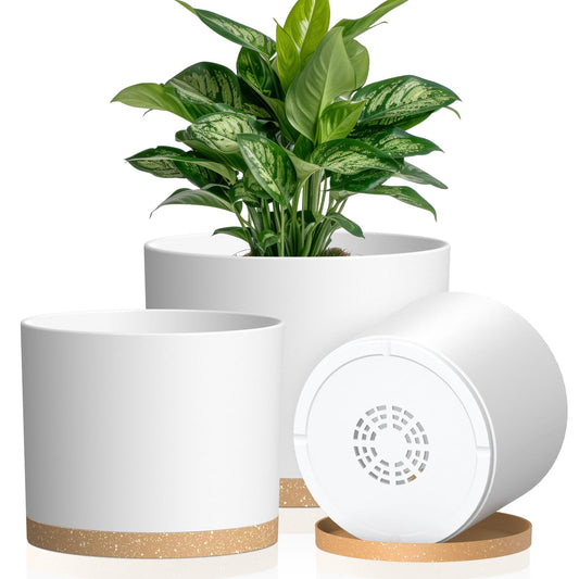 KUGAZ Plant Pots, 10/9/8 Inch 3 Pack Cylindrical Flower Pots with Drainage Holes and Saucers, Plastic Planters for Outdoor Indoor Plants,White Brown