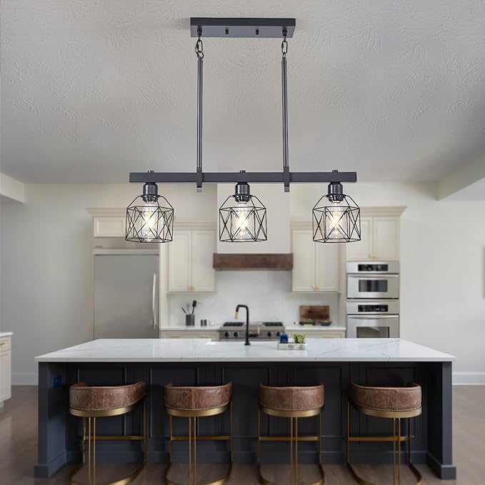 3-Light Vintage Industrial Pendant Light Over Table, Adjustable Hanging Light with Matte Black Metal Frame, E26 Base Modern Rustic Chandelier for Kitchen Island