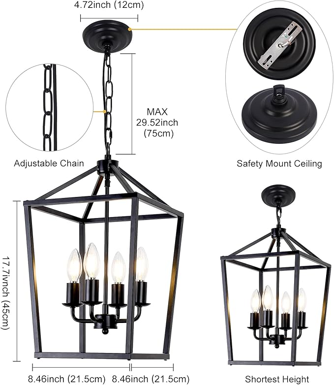 4-Light Black Farmhouse Chandelier Iron Lantern Pendant Light Rustic Cage Hanging Light Fixtures Industrial Foyer Lights for Kitchen Island Dining Room Hallway Foyer Entryway