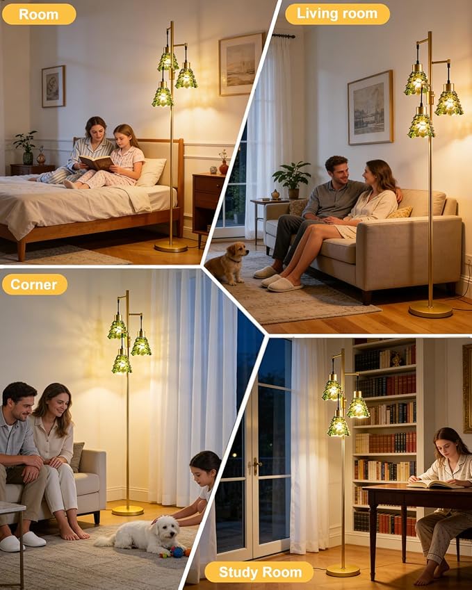 Lightdot 65" Glass Floor Lamps for Living Room, 3-Light Dimmable Floor Lamp with Green Glass Shade& E12 Bulbs Included, Mid Century Standing Tall Lamp for Bedroom/Sofa Beside/Corner Decor-Gold