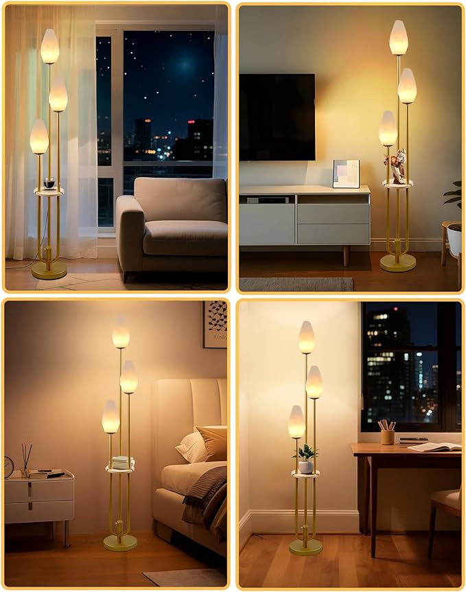 Lightdot Floor Lamp with Tray, 3-Lights Dimmable Floor Lamps with Rock-Shaped Shade, Unique Candle Holder Style Gold Modern Tall Lamp for Living Room/Party/Sofa Beside/Corner Decor(Bulbs Included)
