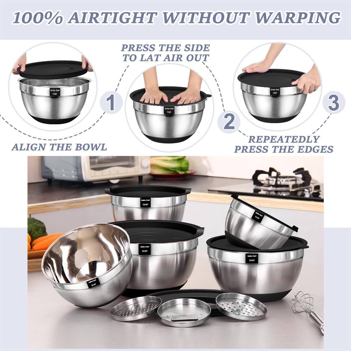Umite Chef Mixing Bowls - 8PCS Stainless Steel Set with Airtight Lids & Grater Attachments | Non-Slip Bottoms, Black, 1.5QT to 5QT