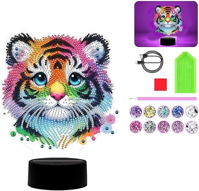 Tiger Diamond Art Painting Night Light,Diamond Art Painting Kits Desktop Touch Lamp Ornaments for Tabletop Decor Diamond Art Accessories for Adult Beginner Bedrooms Living Room