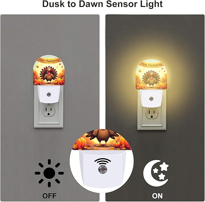 Thanksgiving Turkey Night Light Plug into Wall, Fall Autumn Pumpkins Harvest Dusk to Dawn Night Light,0.5w Energy Saving Sleep Friendly Nightlights for Kids Boys Girls Home Decor