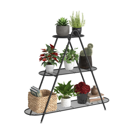 Furshus Plant Stand for Patio, 3-Tier Metal Plant Shelf–Indoor/Outdoor Display Rack for Multiple Pots, Heavy Duty Plants, Garden Flower Organizer (Black)