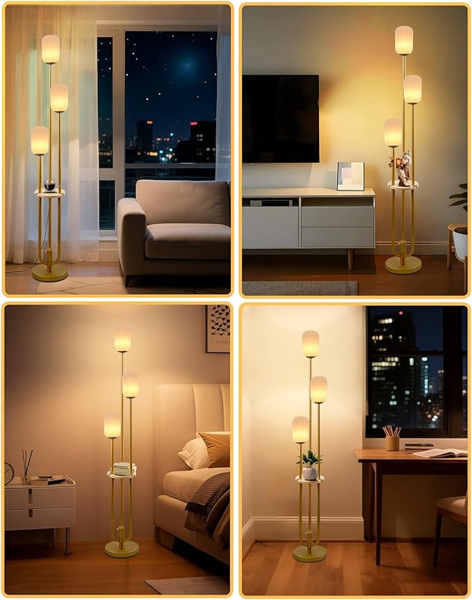 Gold Dimmable Floor Lamp with Table, Modern Floor Lamps with Oval Striped Lampshade 3000K Soft Warm White 3-Lights Candle Holder Style Tall Lamp for Living Room/Bedroom