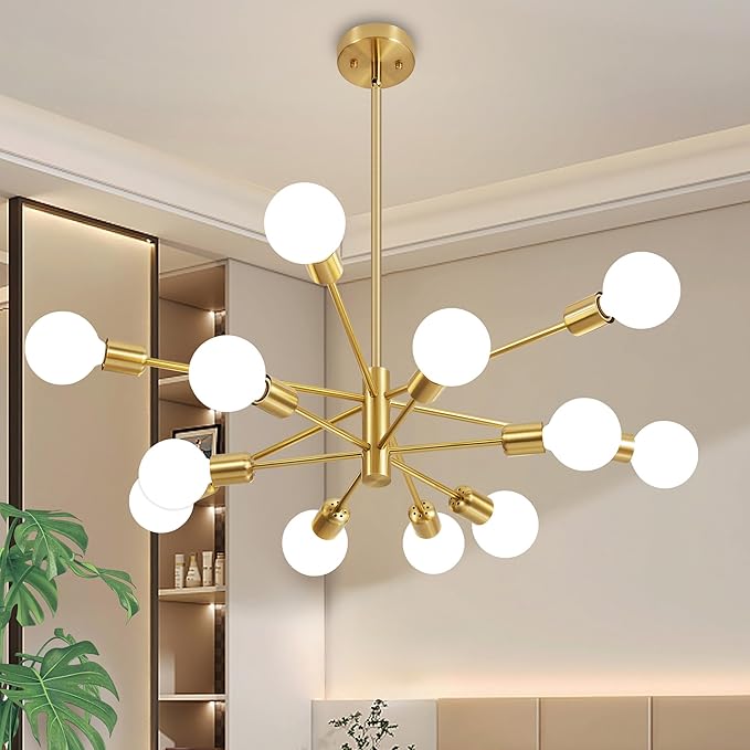Modern Chandelier Gold Chandeliers 12-Light Mid Century Sputnik Ceiling Lighting Fixture for Living Room, Kitchen, Bedroom, Dining Room, Farmhouse