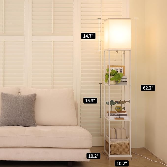Floor Lamp with Shelves, 4 Layer Square Standing Lamp with 3 Color Temperature Bulb, Corner Display Bookshelf Lamp for Living Room, Bedroom and Office（White-2 Packs）