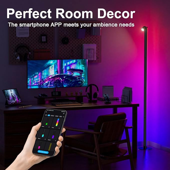 Reading RGB&IC Floor Lamp, Smart LED Floor Lamp with Music Sync 1000 Lumens Main Light & 100 Lumens Independent Reading Light 16 Million DIY Colors Black Standing Lamp for Living Room or Bedroom