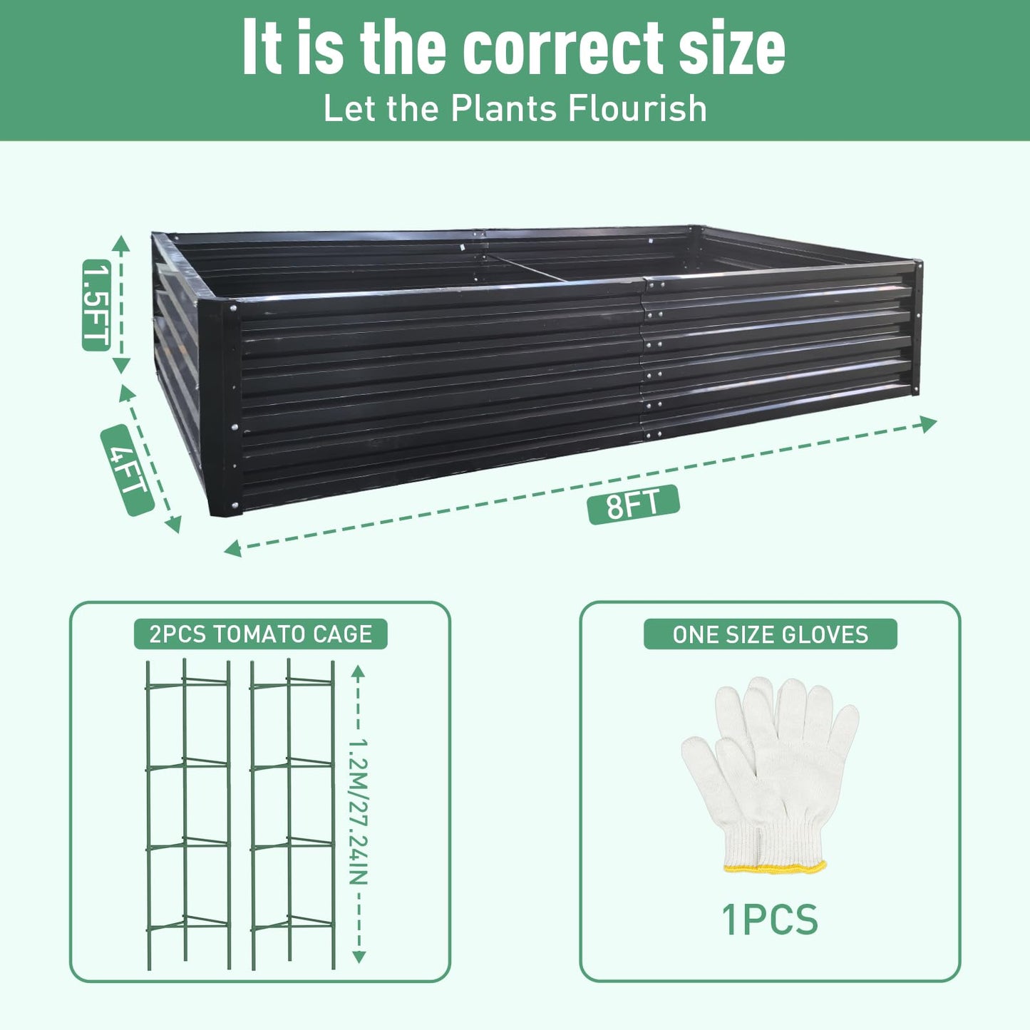 PICNICNI Metal Raised Garden Bed 8x4x1.5Ft Tall Outdoor Large Metal Galvanized Planter Boxes Kit for Vegetables, Flowers and Herbs,Garden Beds with 2Pcs Tomato Cage 1Pc Gloves,Black