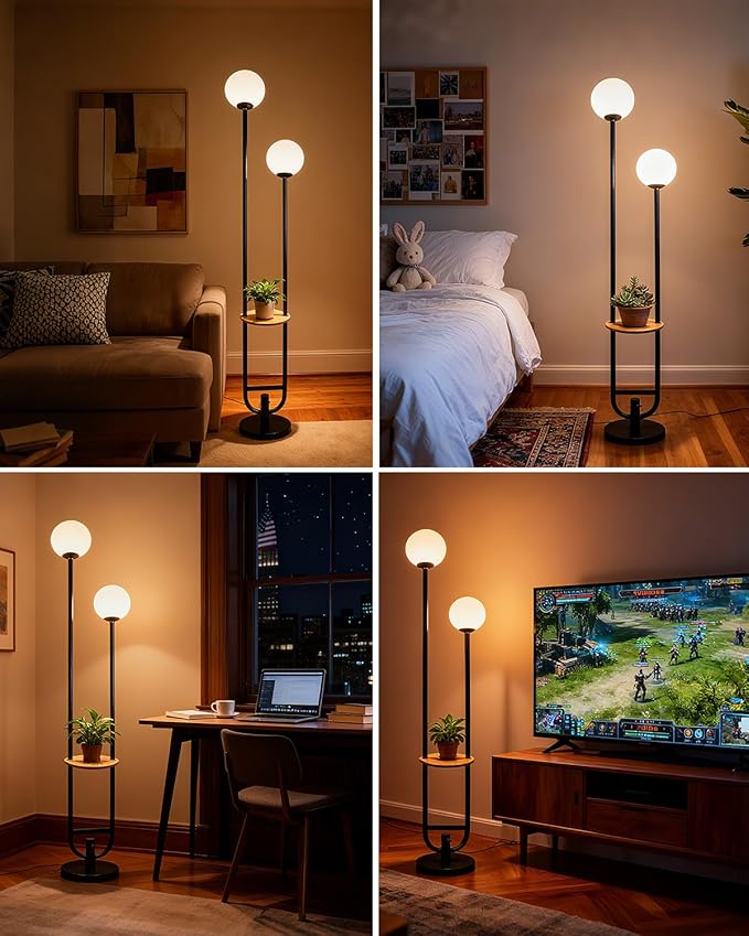 63IN 2-Globe Floor Lamp Dimmable Tall Standing Lamps with Table 3000K Warm White Unique Vintage Modern Mid Century Floor Lamp for Living Room-Black