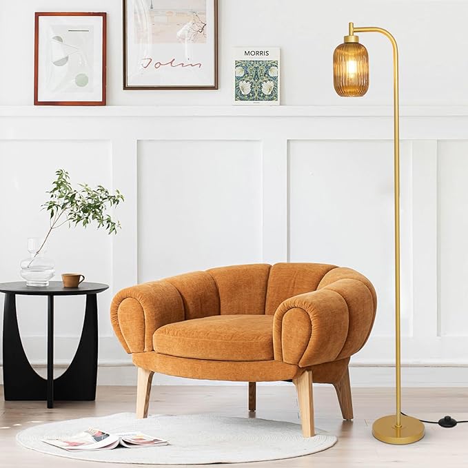 Glass Floor Lamps for Living Room, Vintage Gold Standing Lamp with LED Bulb, Amber Stripe Glass Shade, Foot Switch, Mid Century Modern Brass Tall Corner Lamp for Bedroom Office Reading Room