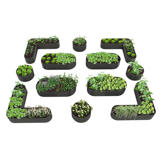 A ANLEOLIFE 12-Pack Galvanized Raised Garden Beds Outdoor, 18" Deep Modular Metal Planter Box Kit, Whole Backyard Farm Garden System with Oval Heart & Round Beds for Vegetable & Flowers, Quartz Grey