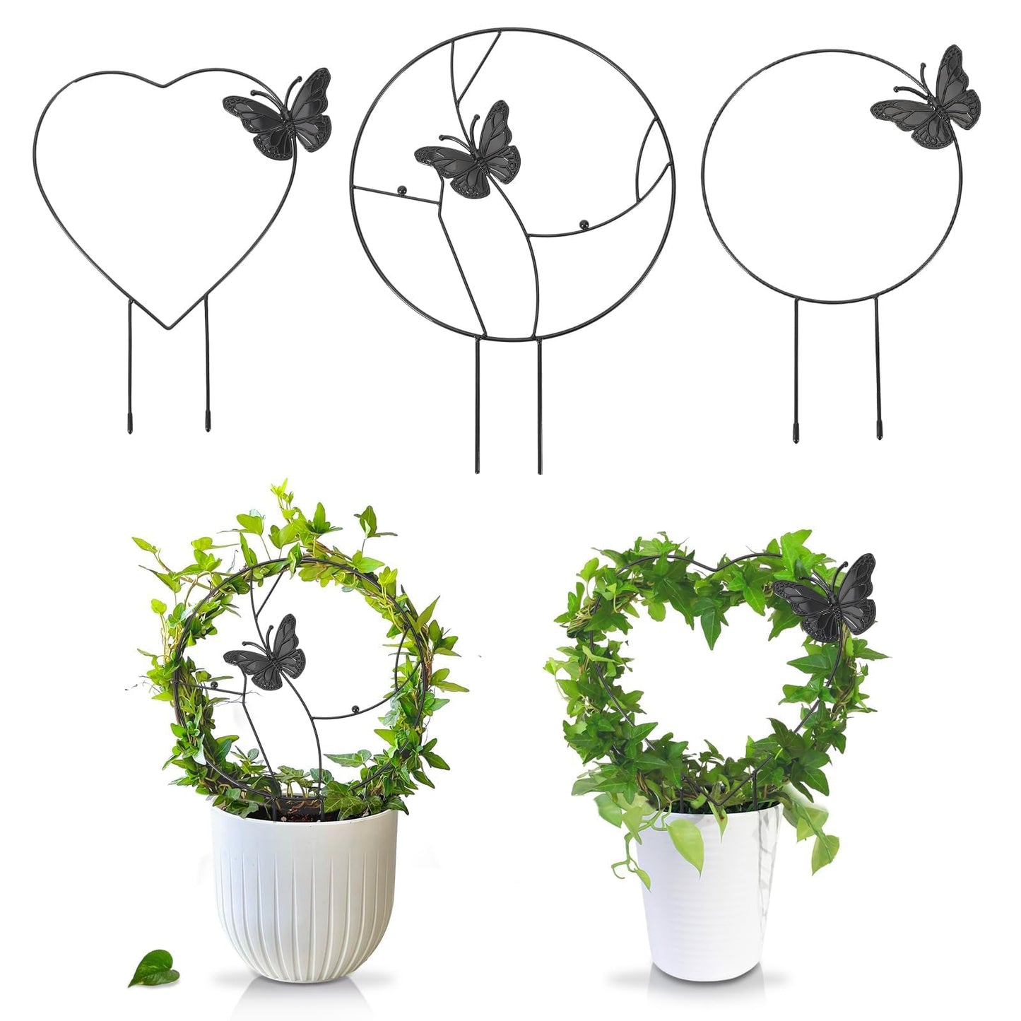 DTOFOOT 3Pack Trellis for Climbing Plants Indoor, Rust-Proof Trellis for Indoor Potted Plants Round Circle Trellis with Butterfly Houseplant Metal Wire Trellis for Vine Ivy Flower Plant Support