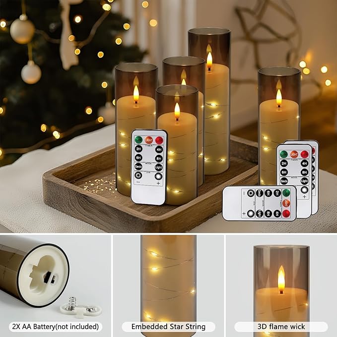 24 Pack Christmas Decoration Flickering Flameless Candles,Battery Operated Candles,LED String Lights LED Candles for New Year, Home Decor, Parties,Wedding(D2.2 xH 5" 6" 7") (Grey)