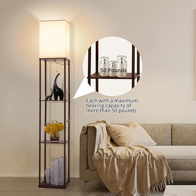 Floor Lamp with Shelves, Modern Square Standing Lamp with 3 Color Temperature Bulb, Corner Display Bookshelf Lamp for Living Room, Bedroom and Office (Brown-9)