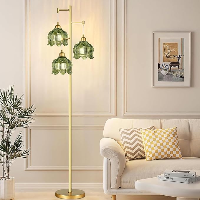 Glass Floor Lamp for Living Room,Bedroom,Gold Mid Century Modern Standing Lamp Brass Tree 3 Light Tall Floor Lamps Vintage Retro Floor Lights Green Flower Lamp Shade Farmhouse Boho Bohemian