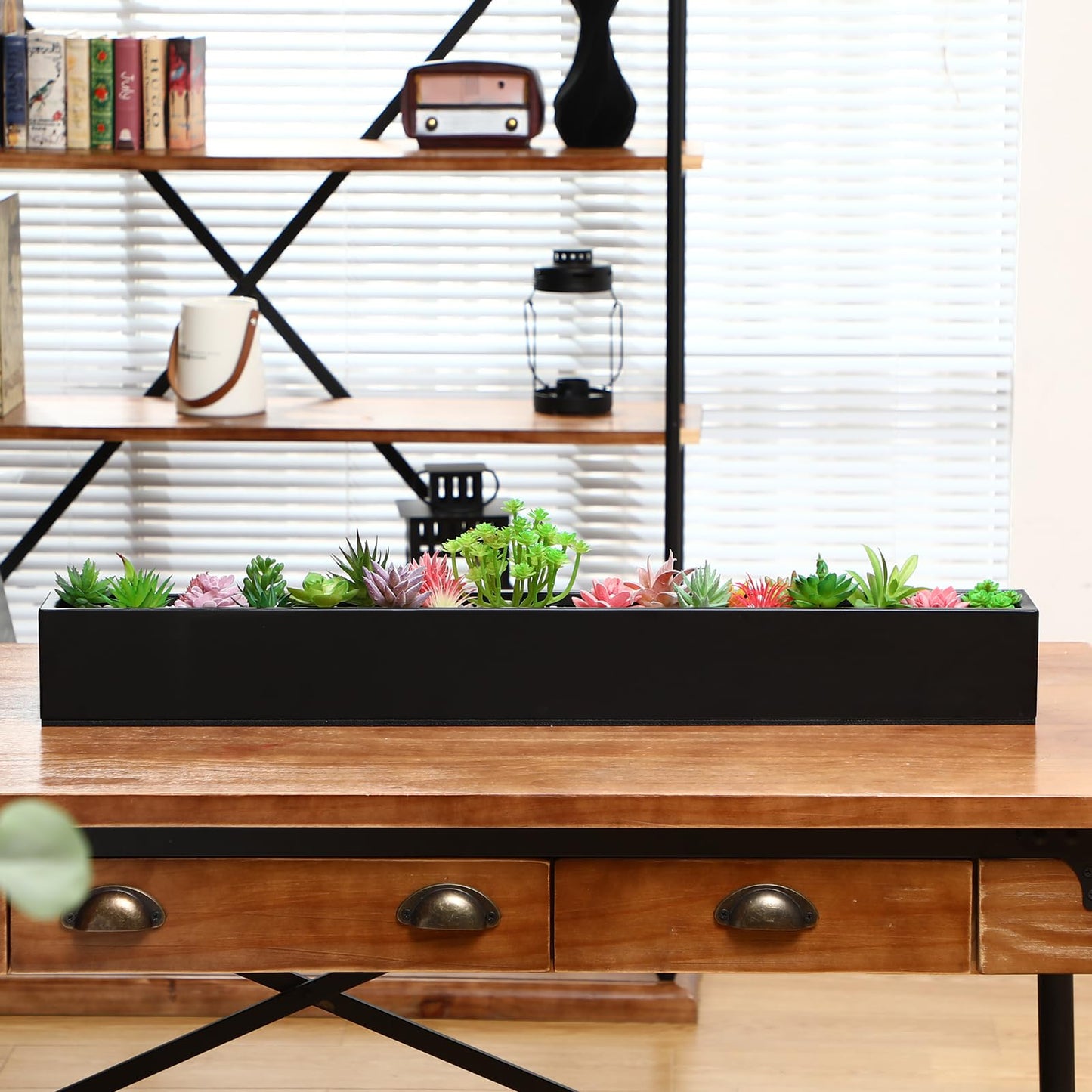 FillTouch 1 Pcs Long Rectangular Planter Box Window Sill Plant Box Metal Water Trough Indoor Large Modern Steel with Drainage Holes Herb Garden Home (32 x 3.5 x 3.5 Inch,Black)