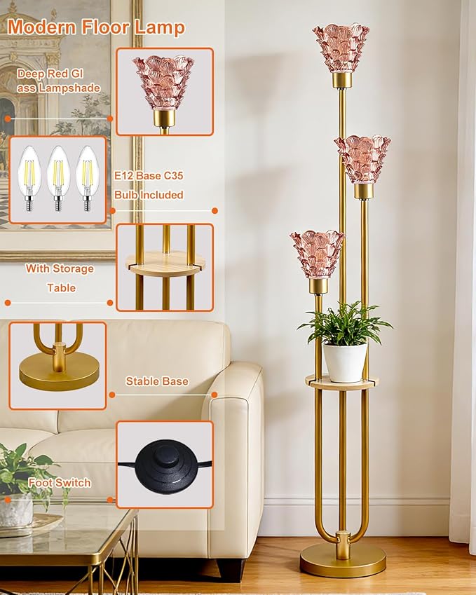 Glass Floor Lamp with Table, 62'' Gold Standing Tall Lamps with Rose Red Glass Shade, 3000K Warmwhite Mid Century Modern Floor Lamp for Living Room/Bedroom/Sofa Beside/Home Corner