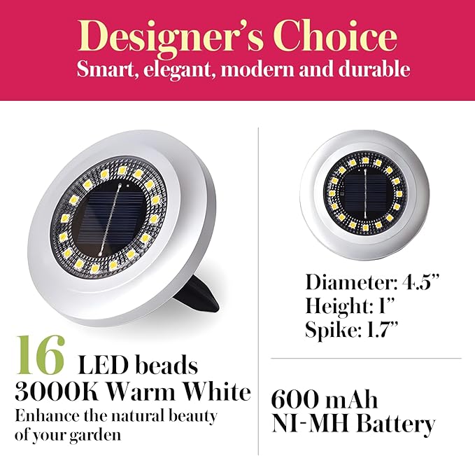 Solar Ground Light 8 Packs, Upgraded 16-LEDs Solar Outdoor Light for Patio, Mower-Friendly Withstand 200lbs Solar Powered Lights, IP66 Waterproof & Reusable Spike, Cool White