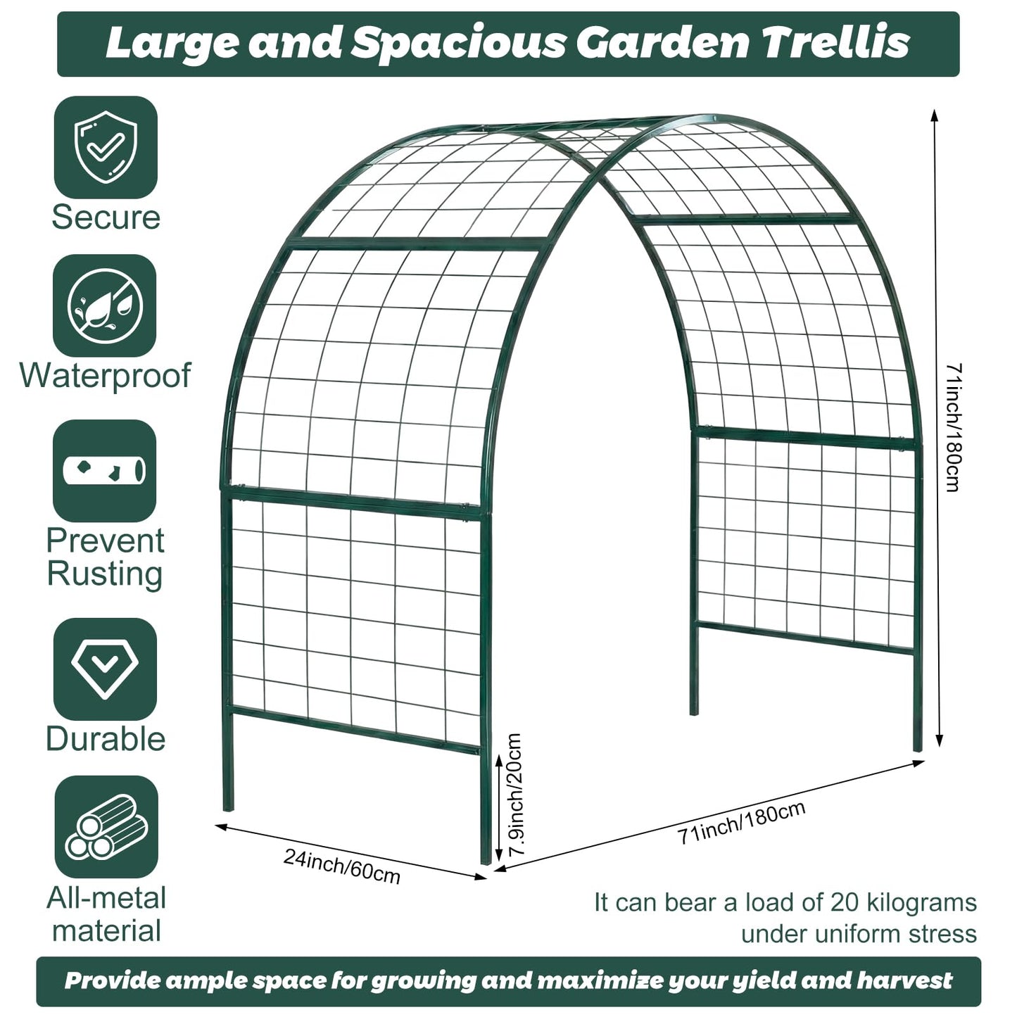 Newtay Arch Trellis for Planter Box Garden Wide Arbor Trellis Metal Arbor for Climbing Plants, Vegetables and Flowers Decorative Outdoor(Green,6 x 2 x 6 ft)
