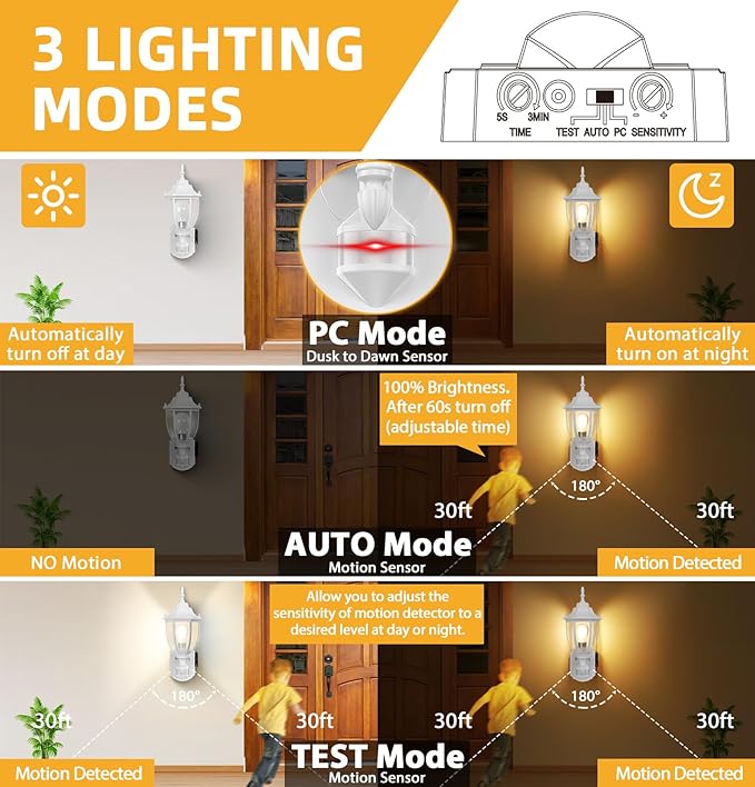 Porch Light with Outlet, Motion Sensor Outdoor Lights, Updated Dusk to Dawn Exterior Lighting Fixtures, Waterproof Anti-Rust Aluminum Outside Lights for House Entryway Garage, White