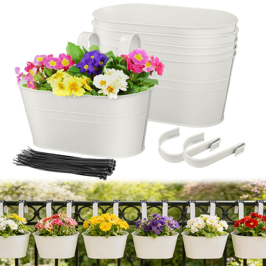 MADHOLLY Railing Planter with Drainage Holes - 6Pcs Sturdy Bucket Pots for Railing Fence, Countryside Style Metal Flower Pots for Herbs Balcony Garden Yard Decor, White