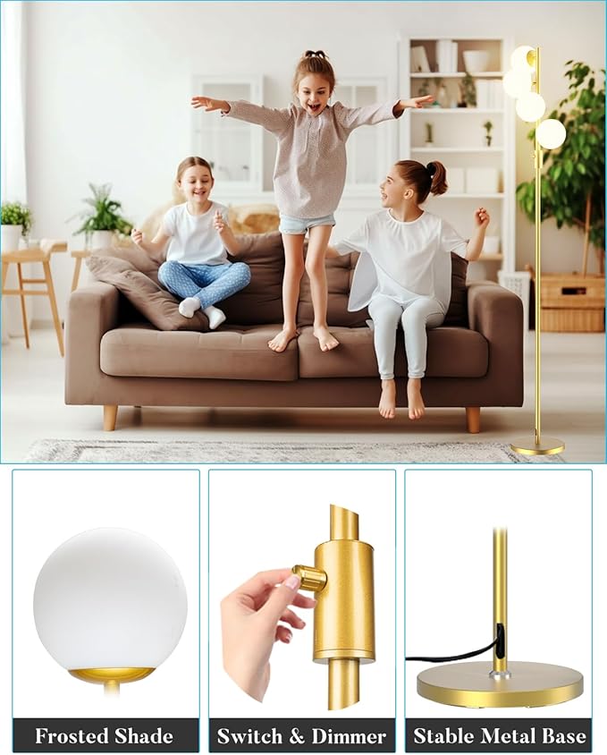 Gold Globe Floor Lamp Dimmable 64IN Tall Standing Lamps with Soft Warm White Eye Care 3000K G9 Bulbs, Mid Century Modern Floor Lamp for Living Room Bedroom