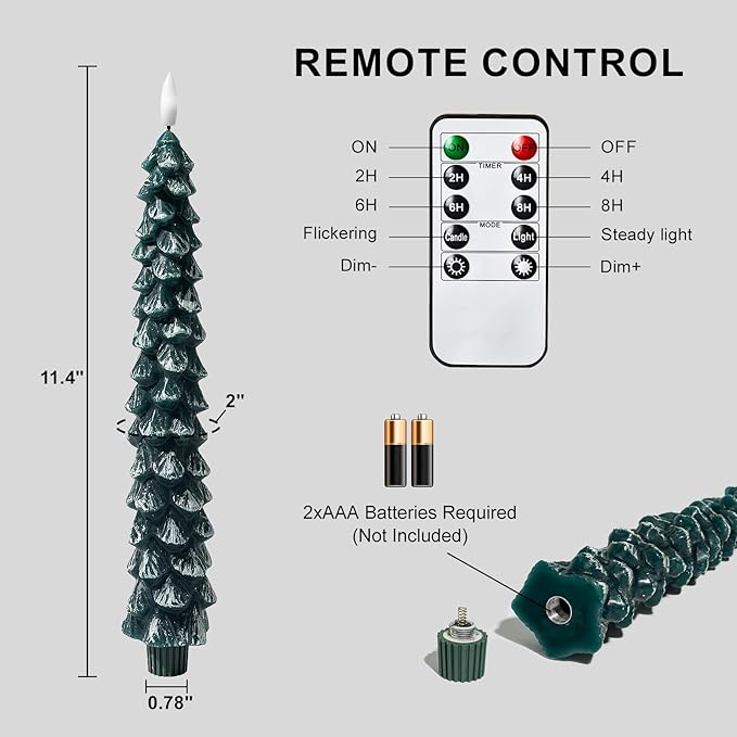 Christmas Decorations Indoor, Christmas Decor - Christmas Tree Taper Flameless Candles Battery Operated with Remote Timer, Xmas Candlesticks Home Table Mantel Room Decor, Wax, Set of 2(Green&White)