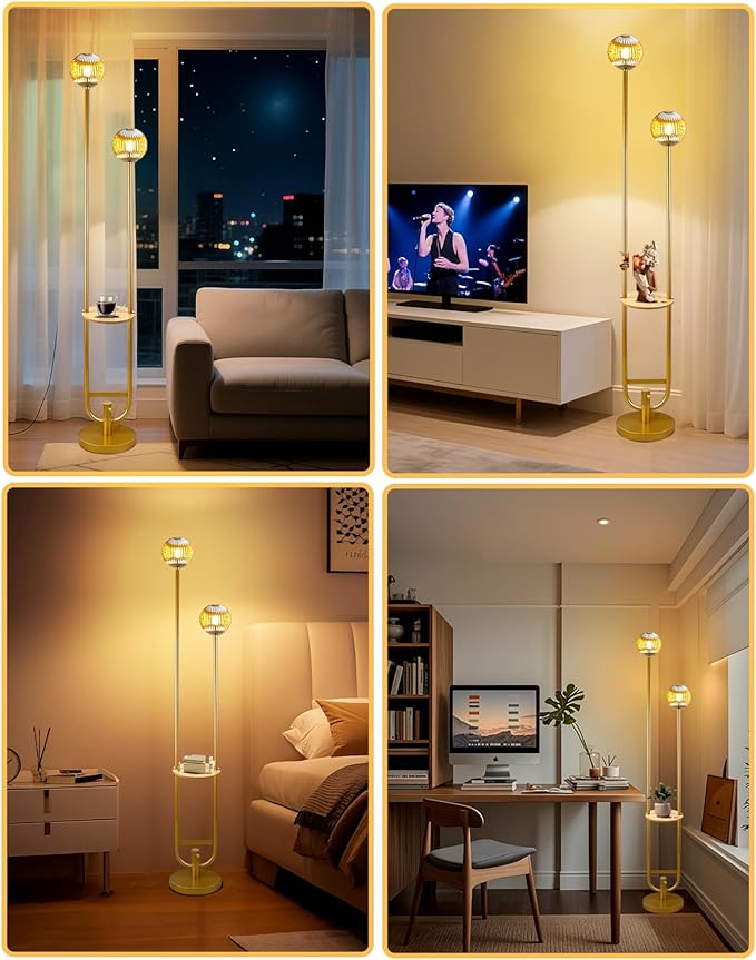 Lightdot Glass Floor Lamp with Tray, 2Pcs 3000K Warm White Bulbs Included, Mid Century Modern Standing Lamps, Gold Dimmable Globe Floor Lamp for Living Room/Wedding/Party//Sofa Beside/Corner Decor