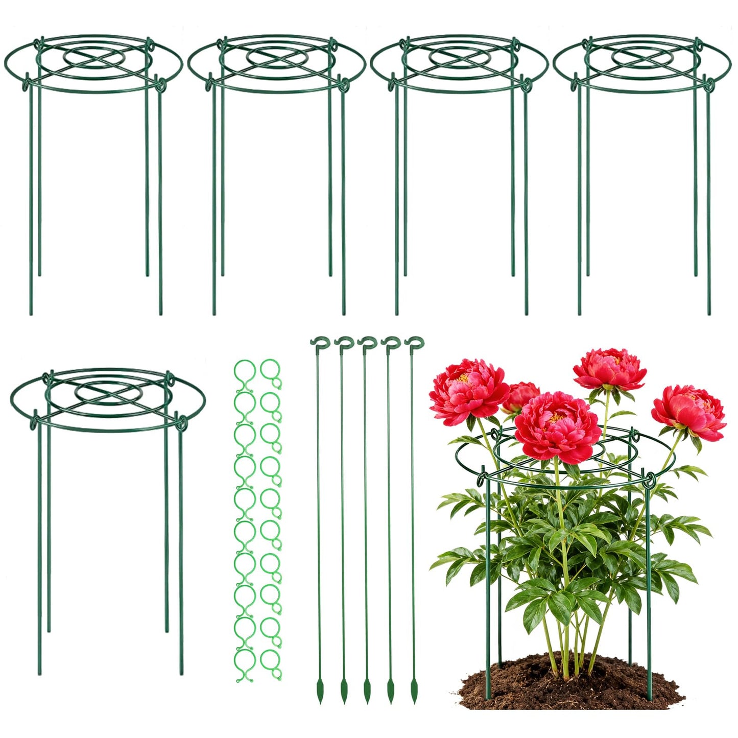 10 Pack Metal Peony Cages and Supports with 20 Plant Twist Clip Ties, Plant Support Stakes for Indoor Outdoor Plants, Tall Plant Holder Stick Kit, Plant Support Ring for Peony, Rose,Tomato, Hydrangea