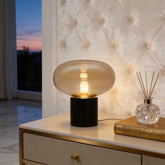 Mushroom Table Lamp Marble Base Glass Shade, Art Deco Bedside Nightstand Lamp for Living Room Bedroom Office, 12W E27 LED Bulb Included - 9''Lx 9.84''H,Illumination Area: 3-5㎡/32-54ft² (Amber)