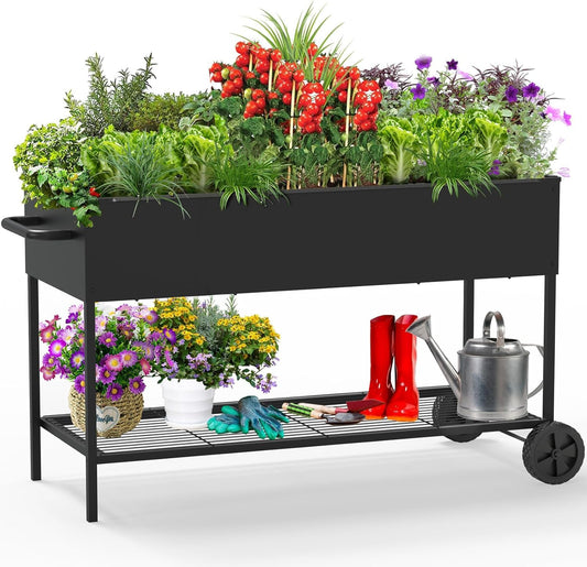 JWPEHOE 51 × 26 × 31.5 Inches Raised Garden Bed with Legs/Storage Shelf, Mobile Planter Box for Outdoor Plants, Elevated Garden Bed for Backyard, Balcony, Black