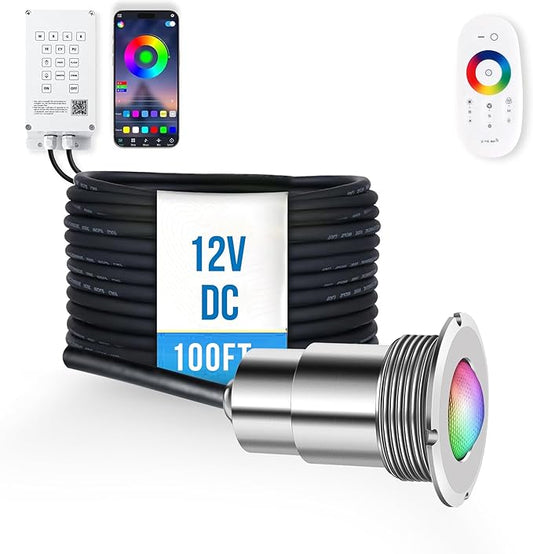 1.5 Inch LED RGBW Multicolor Inground Pool Light and Spa Light, IP68 Waterproof, AC 120V, 100ft Cable with Controller, APP & Remote Control